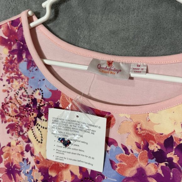 Quacker Factory Size 1X Pink Rhinestone Floral Short Sleeve Plus T-shirt Spring - Picture 4 of 9